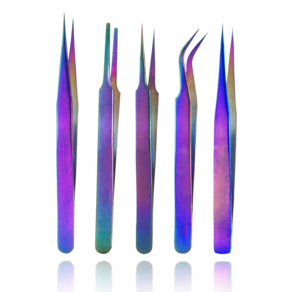 Rainbow Stainless Steel Tweezers Kit Anti-Static Precision Tweezers Set for Eyelash Extension Facial Hair Eyebrows Nail Art, 5 Pcs