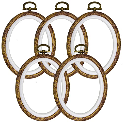 Image of 5PCS Oval Embroidery Hoops 5 x 4 Inch Imitation Wood Hoops for Cross Stitch | Resin Plastic Rings for Sewing Needlework - Vintage Decorative Frames for Crafts & Display