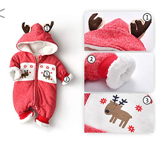 Baby Hooded Romper Kerst Herten Uit Één Stuk Winter Jumpsuit Drie-Lagen Gewatteerde Katoen Plus Fluwelen Jumpsuit Baby Snowsuit,Red,73cm - Afbeelding 6