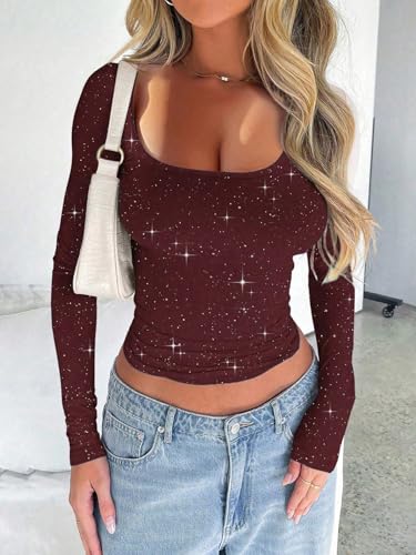 YUTILA Camiseta de manga larga con purpurina para mujer, cuello cuadrado, corte ajustado, camiseta elástica para fiestas, rojo, M