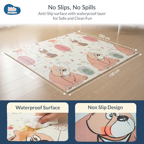 Image of Kids Station Double-Sided Waterproof Baby Playmat - Foldable, Portable & Reversible Foam Mat for Infants, Toddlers & Kids - Soft, Non-Slip, Easy-to-Clean Baby Crawling Mat for Indoor /Outdoor Use (200x150x0.6cm, City & Jungle Print)