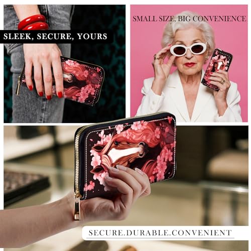 RFID-Blocking Zip Around Wallets for Women with Detachable Wrist Strap,Large Capacity Phone Holder with Card Organizer & Coin Pocket,Horse With Cherry Blossom4