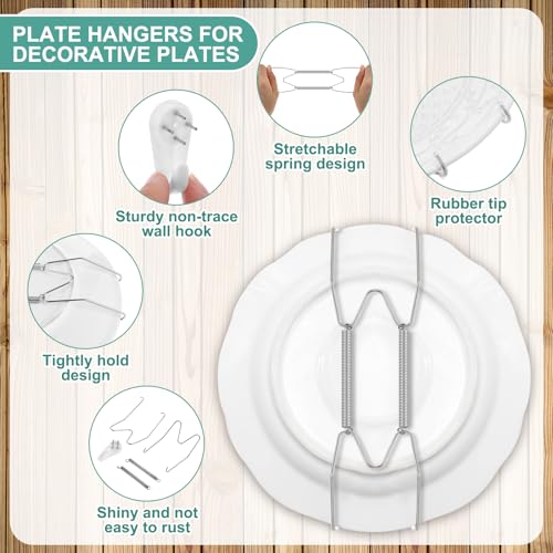 Image of Hotop 12 Pieces Plate Hangers for Wall Stainless Steel Wire Invisible Heavy Duty Plate Hangers Display Holders with 12 Pieces Hooks for Wall Decorative(8 /12 /14 Inch,Silver)