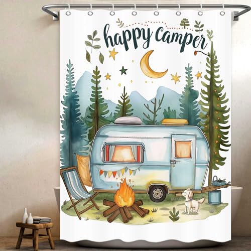 Top 10 Picks for the Best Small Camper with Bathroom 9 ICTEISOM Happy Camper Small Stall RV Shower Curtain Rustic Tree Mountain Adventure Tent Camping Bathroom Curtains Travel Trailer Bathroom Accessories Set with Hooks 47 x 64 Inches