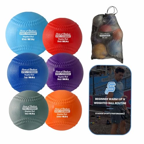 Set of 6 Weighted Balls with Seams & Free Throwing Program | Throwing Arm Strength & Velocity Training | 3.5oz 5oz 7oz 14oz 21oz 32oz | Carry Bag Included