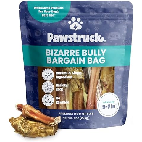 Pawstruck Natural Bizarre Bully Sticks Bargain Bag for Dogs & Puppies - Variety Pack of 5-7" Long Lasting Eco-Conscious Beef Chew Treats - 8 oz. Bag - Packaging May Vary Cover