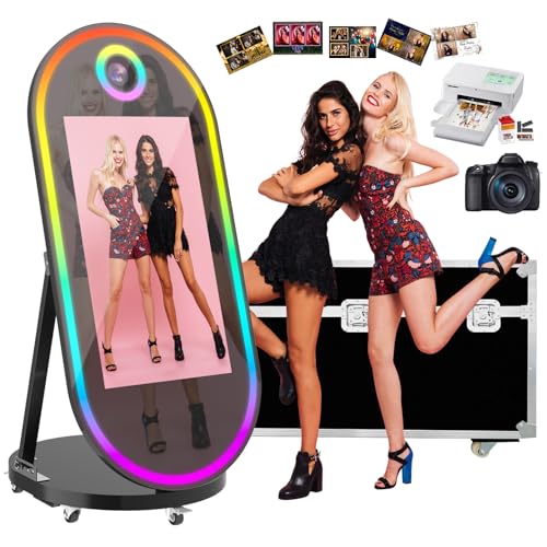 Image of Magic Mirror Photo Booth, 60-32in Interactive Touch Screen Oval Photo Booth Machine,Remote Control RGB Light,Idea Instant Printing and Share for Event Rental Party (Black Booth + Camera + Printer)
