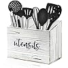 Uituka Utensil Holder Organizer Countertop for Kitchen Wood Crock Farmhouse Caddy Flatware Storage Box Rustic Utensils for Kitchen with 2 Compartments