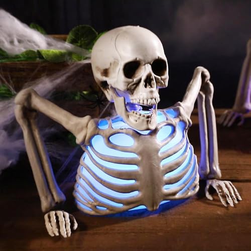 Halloween Skeleton Decorations with Colorful Light, Scary Groundbreaker Skull Stakes Lights for Halloween Graveyard Garden, Lawn, Haunted House, Holiday Party Home Decor