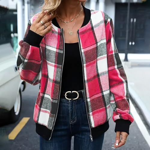 Womens Plaid Bomber Jacket Lightweight Zip Up Shackets Cropped Jackets Casual Outerwear Checkered Coats Fall Outfits3