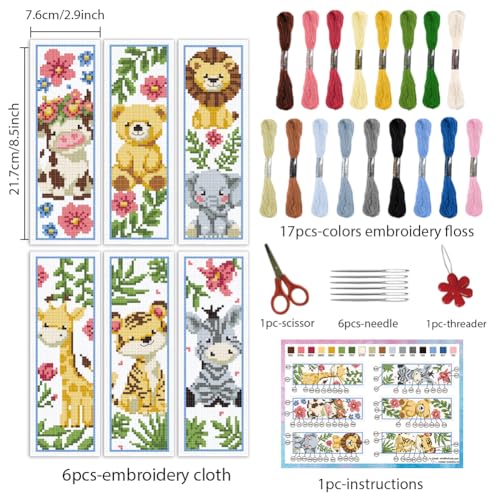 Image of INFUNLY 6PCS DIY Cartoon Animal Cross Stitch Bookmark Kits 8.66 inchx3.15 inch Cute Bear Cow Stamped Embroidery Kits with Instructions Plant Flowers Needlepoint Bookmark Kits for Book Lovers Readers Writers