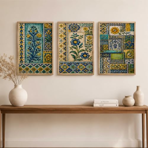Image of Livin'luxe Set of 3 Blue Yellow Floral Tile Wall Paintings for Living Room Dining Bedroom Home Decor with Premium Wooden Color Synthetic Frame (13.5 x 19.5 Inch) NM03-70