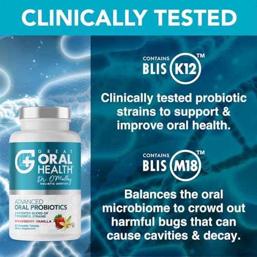 Image of Oral Probiotics for Mouth Bad Breath Treatment for Adults; Dentist Formulated Dental Probiotics for Teeth and Gums, Chronic Halitosis with BLIS K12 M18, Chewable Oral Health Tablets Strawberry Vanilla