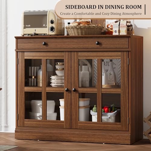 GarveeHome 35.4" Sideboard Buffet Cabinets with Glass Door, Buffet Cabinet with Storage, Walnut Sideboard Cabinet with Drawer, Modern Buffets & Sideboards for Dining Room, Kitchen