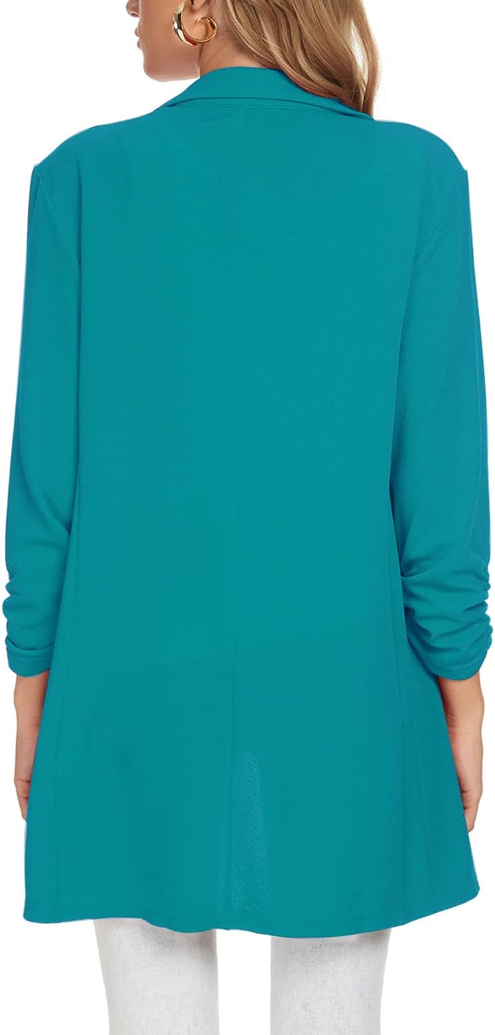Unifizz Women's 3/4 Sleeve Stretchy Open Front Lightweight Work Office Blazer Jacket with Plus Size - Turquoise Green, Size L - Image 3