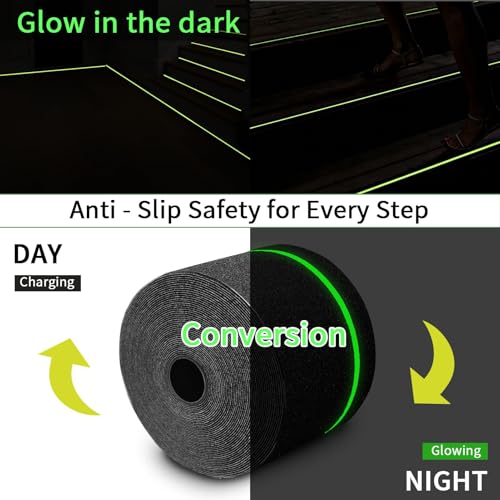 Image of Glow in Dark Anti Slip Tape, 4 inch x50FT Heavy Duty Waterproof Safety Grip Tape for Stairs, Pool, Bathroom - Black & Glow Stripe Indoor /Outdoor Multi-Purpose Traction Tape