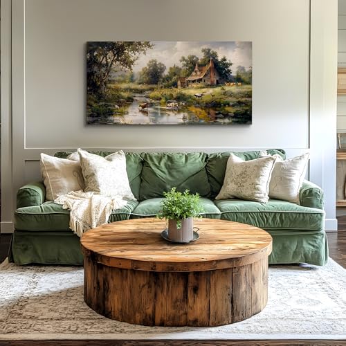 crmotu Large Wall Art for Living Room, Farm Landscape Canvas Painting, Riverside Forest Cottage Scenery Art Prints, Animal Cow Sheep Modern Farmhouse Bedroom Bathroom Pictures Wall Decor 24"X48"