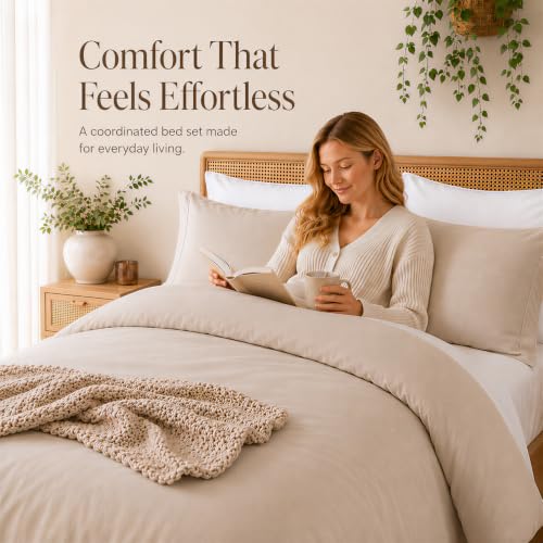 Image of weigelia Queen Comforter Set with Sheets - 7 Pieces Bed in a Bag Queen | All Season, Boho Style, Soft Lightweight Oatmeal Bedding Set with Sheets, Pillow Shams, Pillowcases