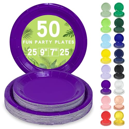 LANLISA 50 Purple Paper Plates Disposable 25-9 & 25-7 Disposable Birthday Cake Dessert Plates For Graduation Halloween Baby Shower Party Supplies