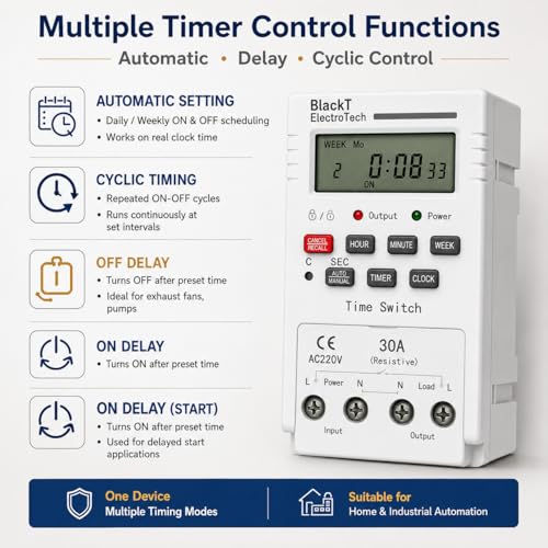 Image of Blackt Electrotech BT41D6 230V 30Amps Digital Programmable Timer Switch | DIN Rail Mounted | 18 On /Off Programs | Daily /Weekly Cycle & Second Setting | Heavy Duty for Industrial & Home Use