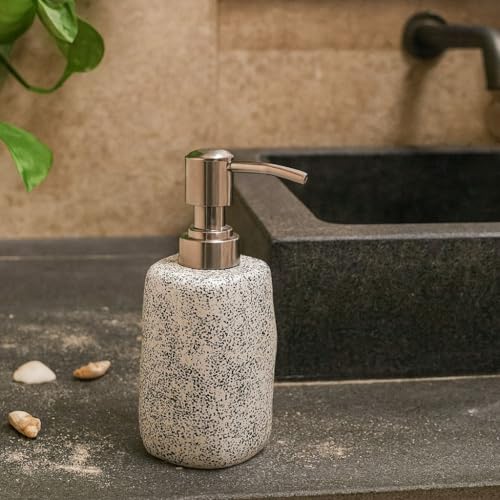 Image of Ceramic Soap Dispenser 330ml (Set of 1) | Multipurpose Lotion & Hand Wash Pump Bottle for Bathroom & Kitchen | White & Black Dotted Hexagon