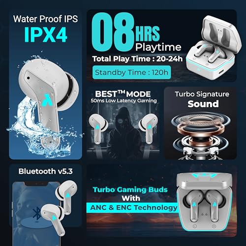 Image of APES Turbo Buds Wireless Bluetooth TWS, ANC and ENC, 10mm Dynamic Drivers, 8Hrs Playtime (Silver)