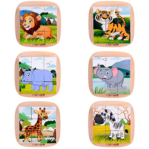 Rolimate Bilderwürfel Holz, Holzpuzzle 3D Würfelpuzzle Puzzlespiele 6 in 1 Tier-Motive mit 9 Würfel Holzspielzeug für Kinder ab 2 3 4 Jahren, Montessori Vorschule Lernspielzeug, 16 x 16cm, bunt - Image 4