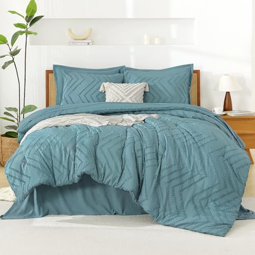 Image of Litanika Grayish Teal Full Size Comforter Set with Sheets - 7 Pieces Bed in a Bag Full Boho Tufted Complete Bedding Sets with Comforter, Sheets, Pillowcases & Shams