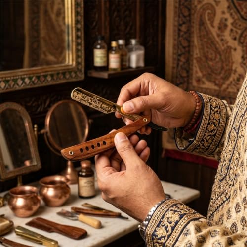 Image of ORGANIM Foldable Straight Razor for Men | Stainless Steel Barber Shaving Razor with Wooden Handle | Professional Sliding Ustara for Men with 100 Blades