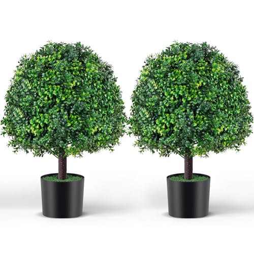 Artificial Boxwood Topiary Ball Tree, Set of 2 Artificial Shrub Bushes, Faux Boxwood Ball in Pot Fake Evergreen Tree for Porch Artificial Plants Fake Boxwood Plants for Outdoor Indoor Decor