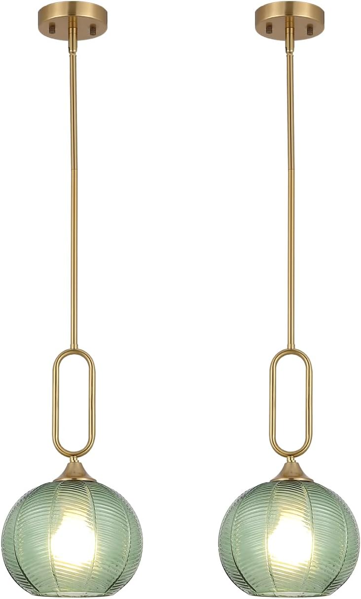 Green Glass Pendant Light Set of 2 Modern Globe Pendant Lighting Nordic Ribbed Gold Ceiling Hanging Chandelier with Brushed Brass Adjustable Rods Dining Room Kitchen Island Light Fixture Gold-Green 2 Pack