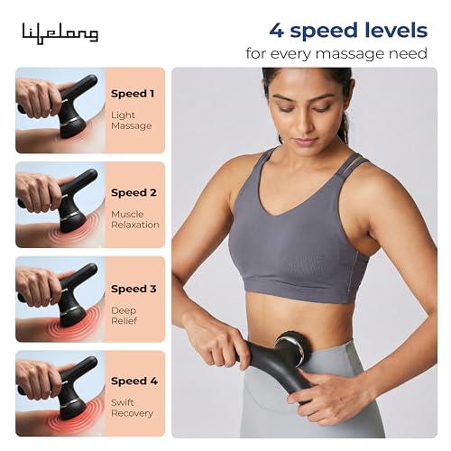 Image of Lifelong Flathead Massager | Body Massager for Pain Relief | 4 Specialized Heads for Targeted Therapy | 4 Speed Levels | Full Body Electric Percussion Massager for Adults & Children | Black