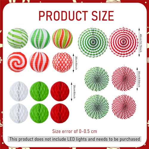 Image of Retisee 18 Pcs Christmas Hanging Paper Lanterns Party Decorations Candy Canes Peppermint Paper Fans Xmas Hanging Honeycomb Ball Lanterns Ornaments for Christmas Winter Party Holiday Ceilings Decor