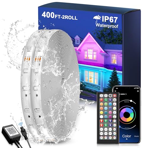 Fussion Outdoor LED Strip Lights Waterproof 400FT (2 Rolls of 200ft) with Remote RGB LED Light Strips Music Sync Color Changing Christmas House Rope Lighting for Outside