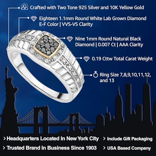 Gem Stone King Men's 925 Silver and 10K Yellow Gold White Lab Grown Diamond and Black Diamond Ring (0.19 Cttw, Available In Size 7, 8, 9, 10, 11, 12, 13)2