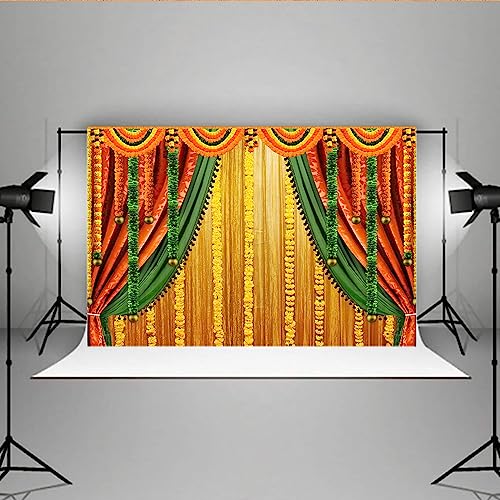 Image of Lofaris India Pooja Photography Backdrop Puja Ganpati Pooja Traditional Mehndi Festival Background Decorations Wedding Party Marigold Garlands Photo Props 9x6ft