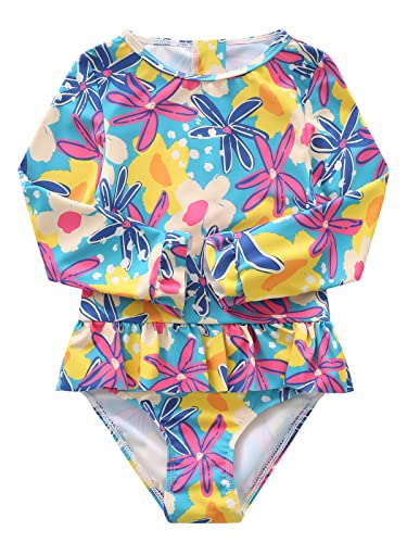 Image of Aisyee Baby Girls One Piece Swimsuits Long Sleeve Rash Guard Swimshirts