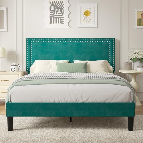 Image of VECELO Queen Size Platform Bed Frame with Height Adjustable Upholstered Headboard, Modern Mattress Foundation,Strong Wood Slat Support, No Box Spring Needed, Easy Assembly,Dark Green