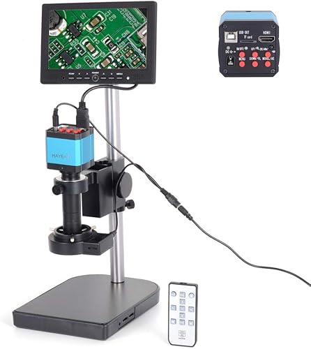 Aihome - Microscopio digital (14 MP, HDMI, USB, 100 aumentos, montura en C, 16 GB, tarjeta TF, pantalla LCD de 7 pulgadas)