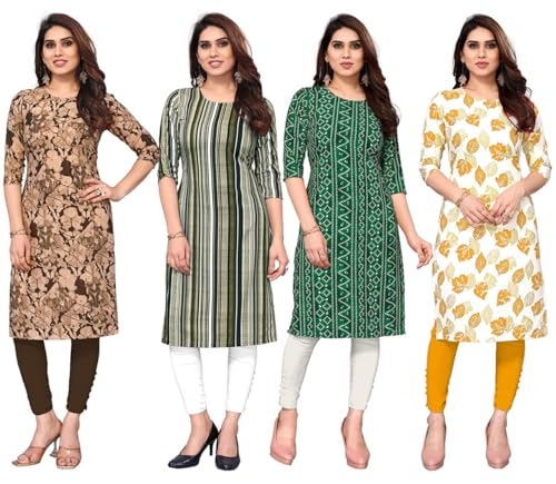 Image of JAKHANA Women's Crepe Printed Casual Straight Calf Length Round Nick Kurta Pack of 4