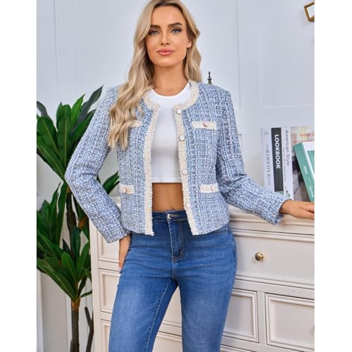 Xaspee Women's Tweed Blazers Cropped Long Sleeve Crewneck Open Front Lace Trim Lightweight Plaid Work Blazer Jackets3