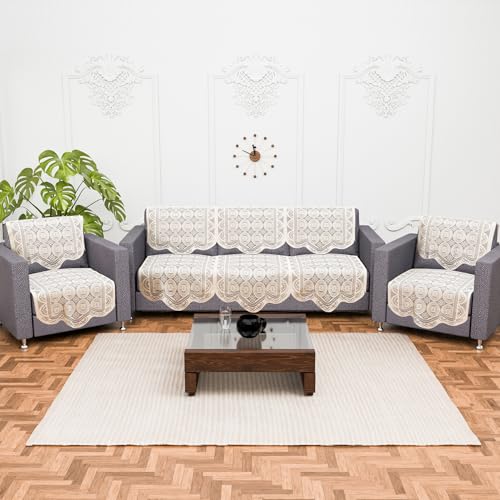 Image of Kuber Industries (Set of 10) Stylish & Durable Cotton Sofa Covers 5 Seater | Washable Sofa Protector /Mat & Slipcover for Hall, Living Room & Office | Plain Circle - Off White