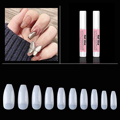 AORAEM Glue on Nails Kit Coffin Half Cover Shaped Nails Tips 500Pcs Natural Artificial Ballerina Fake Nails 2 Acrylic Nail Glue with Bag for Women (N-500)