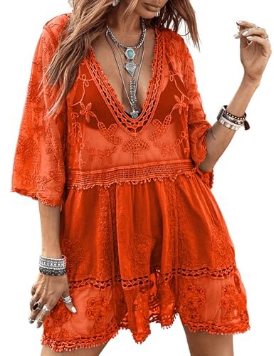 Image of Eomenie Women's Contrast Lace Bathing Suit Cover Up V-Neck Swimsuit Coverups Loose Swimwear Beach Dress Beachwear