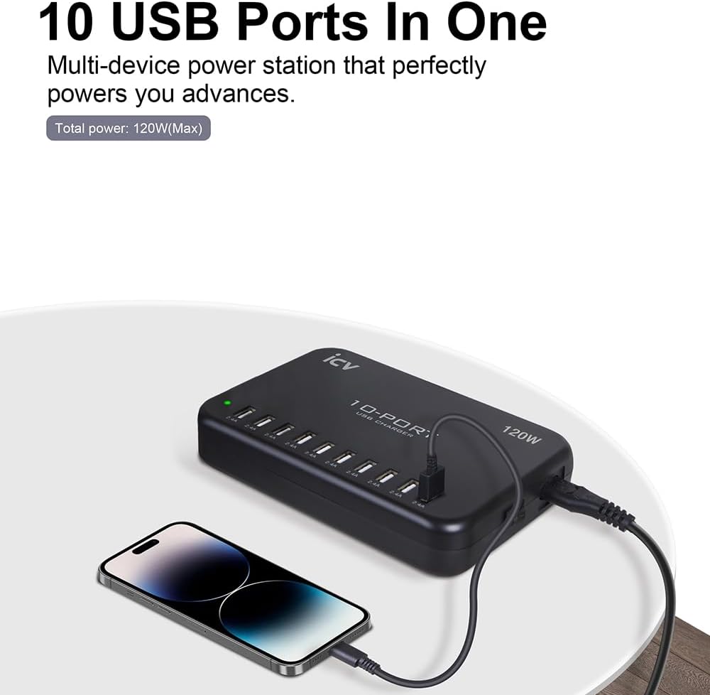 icv 120W USB Charging Station 10 Port Multi USB Desktop Charging Hub 5V 2.4A Wall Fast Charger for iPhone 14 13 12 11 Samsung Galaxy S21 S20, Black