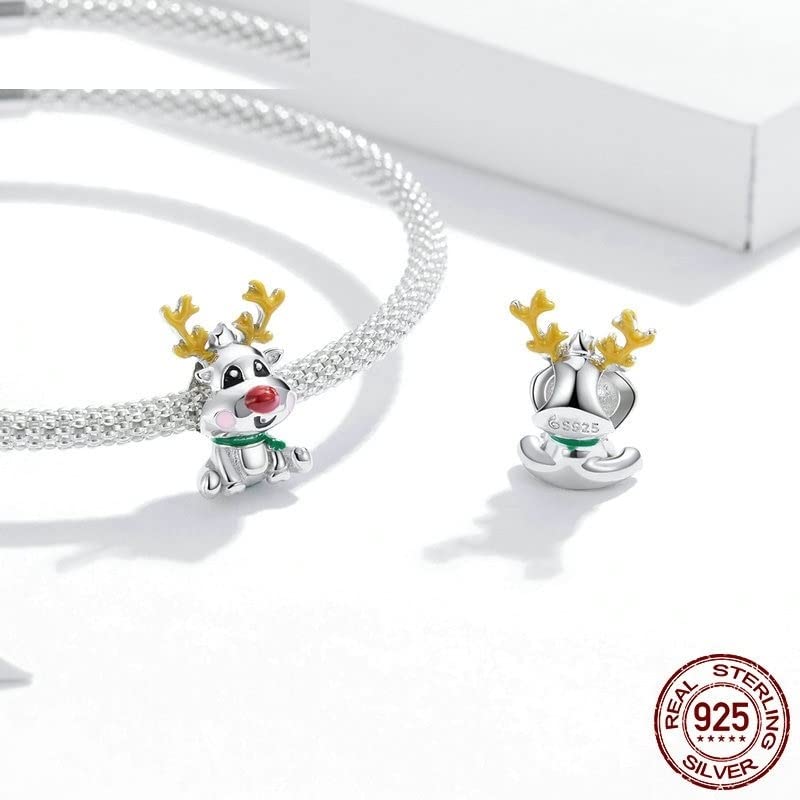 Simpatiche Perline di Metallo con Renna per Donna Gioielli con ciondoli in Argento Placcato Sterling 925 per Bracciale Rigido