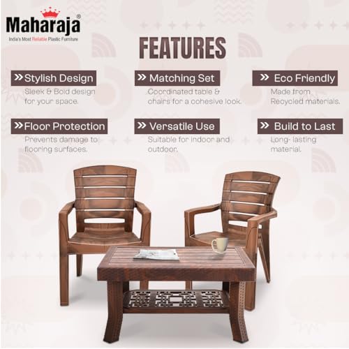 Image of MAHARAJA Premium Plastic Furniture Set | Comfortable Chairs with Matching Table | Perfect for Home, Office & Garden Use (Teakwood, 4 Chair+1 Table)