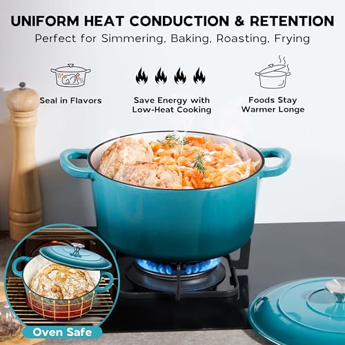 Onader Small Dutch Oven Pot with Lid, 3 Quart Round Enameled Dutch Oven for Bread Baking, Heavy Duty Cast Iron Cookware - Dark Cyan