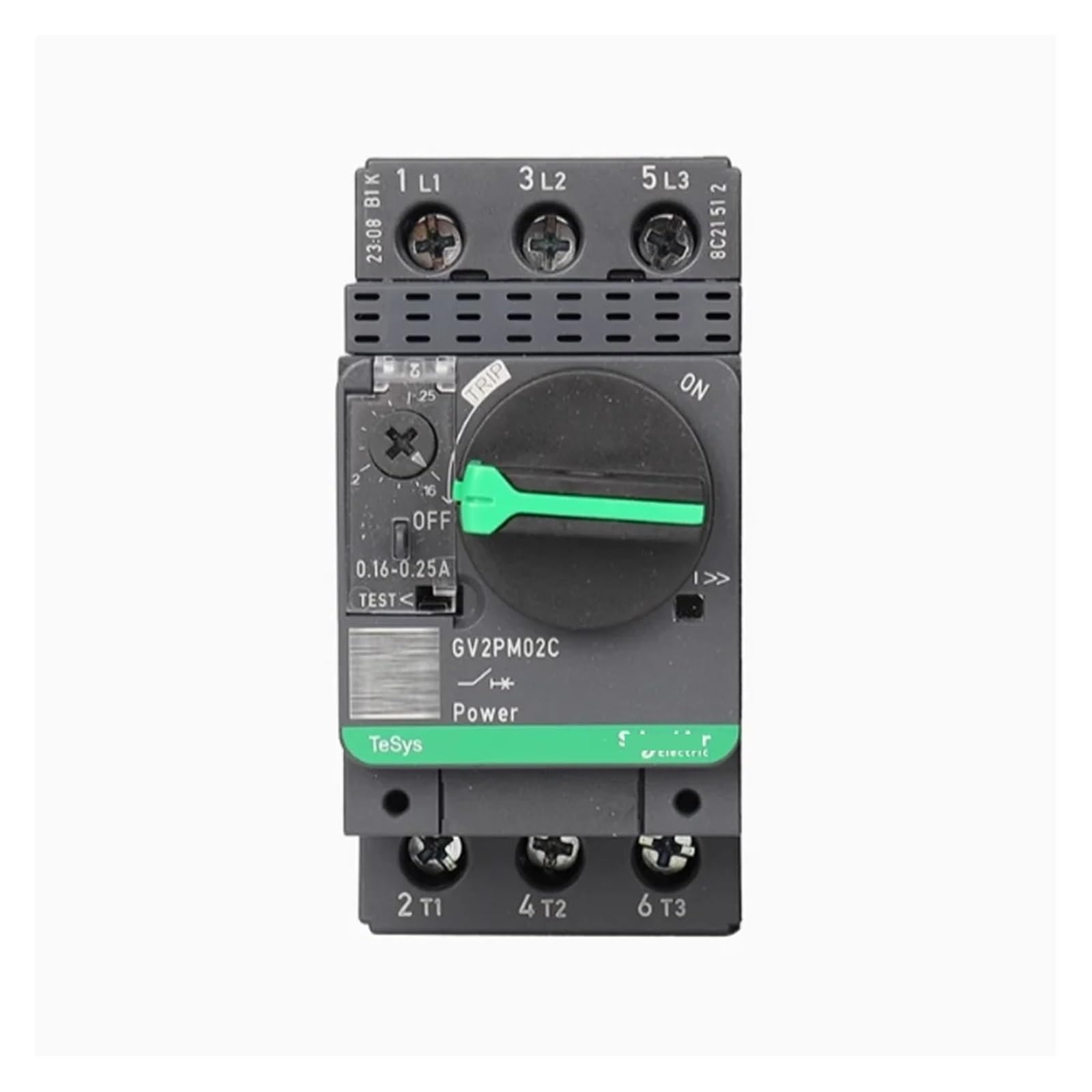 Disyuntor GV2-PM02C con regulación de amperaje 0,16-0,25 A y tres polos de corte limpio