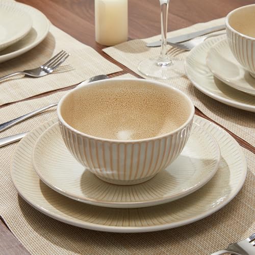 Image of Pokini Ceramic Dinnerware Sets for 4, 12 Pieces Embossed Stoneware Plates and Bowls Sets, Scratch Resistant Dish Sets, Distinctive Granulated Surface, Housewarming Wedding Gift, Brown